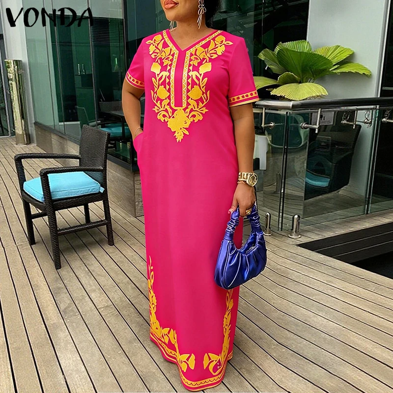 

Женское винтажное платье макси VONDA больших размеров 5XL с принтом, сексуальное, с V-образным вырезом, коротким рукавом, повседневное, для вечеринок, модное, свободного кроя, длинное платье-рубашка