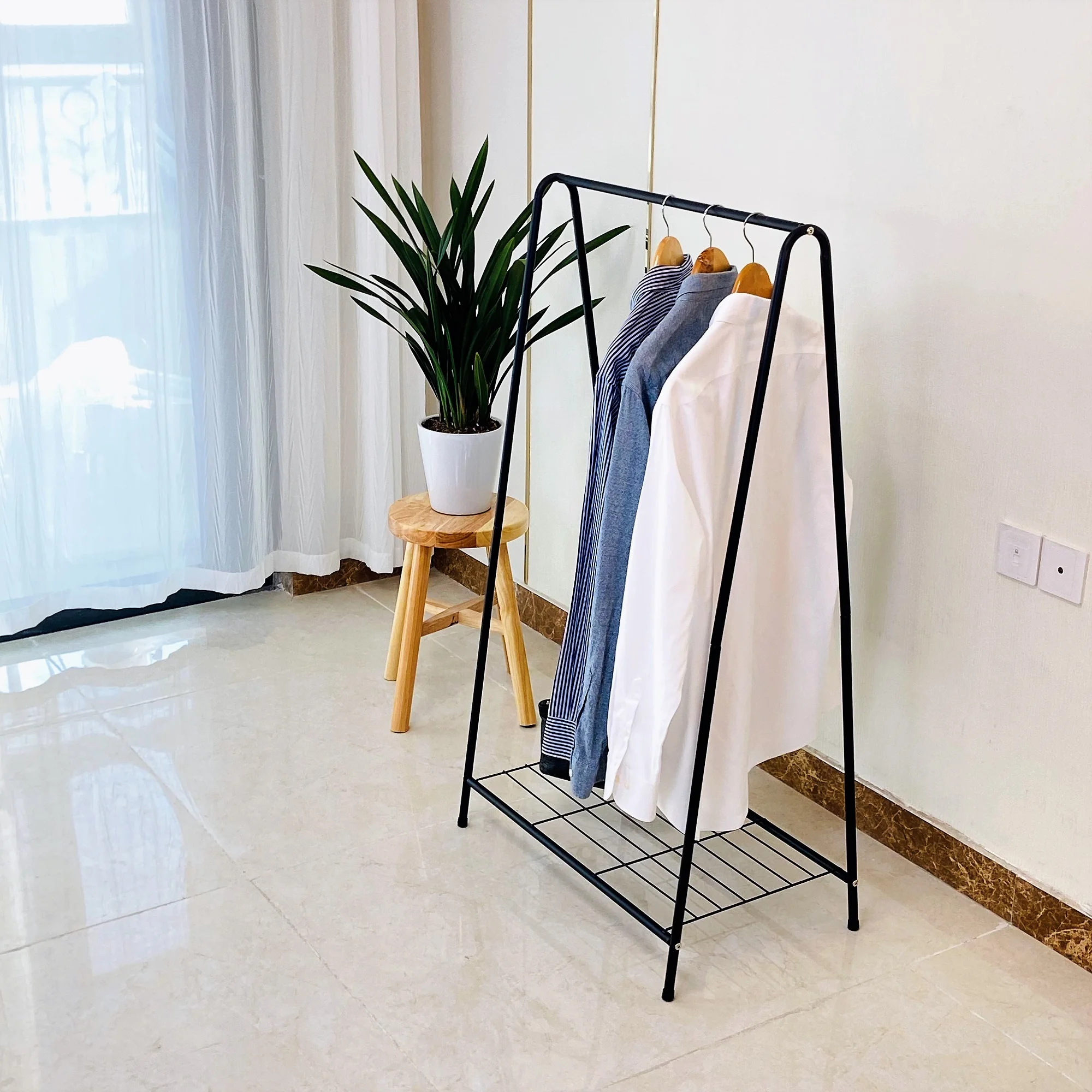 Coat Rack with Storage Shelf at the Bottom ,1 Ladder to Secure Hangers  Freestanding , Easy Assemble