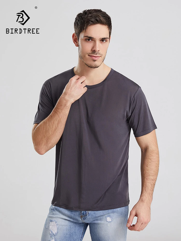 Birdtree 100%Real Silk T-shirt, Men Knitted Tops Comfortable Tee, Loose Casual O Neck Cultural Pure Color Man Pullover T37203QC