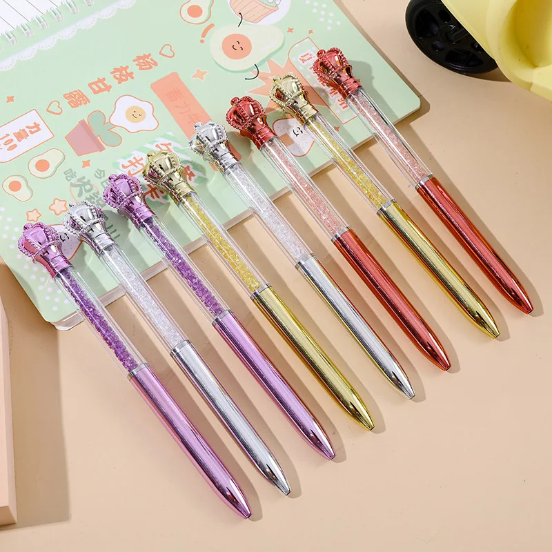 5Pcs/Lot Creative Crystal Crown Ballpoint Pen Blue Black Ink Rotating Pens for Writing Student School Stationery Office Supplies