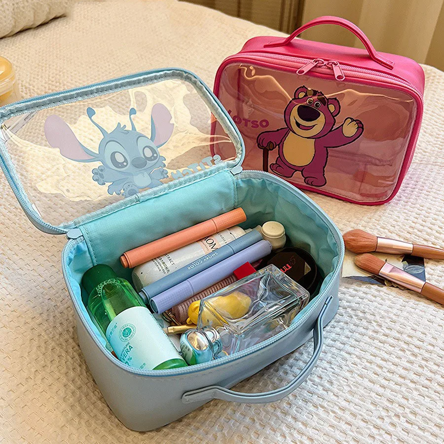 Anime Stitch Strawberry Bear Zipper Large Solid Color Cosmetic Bag Cute Makeup Bag for Women Travel Toiletry Bag Washing Pouch