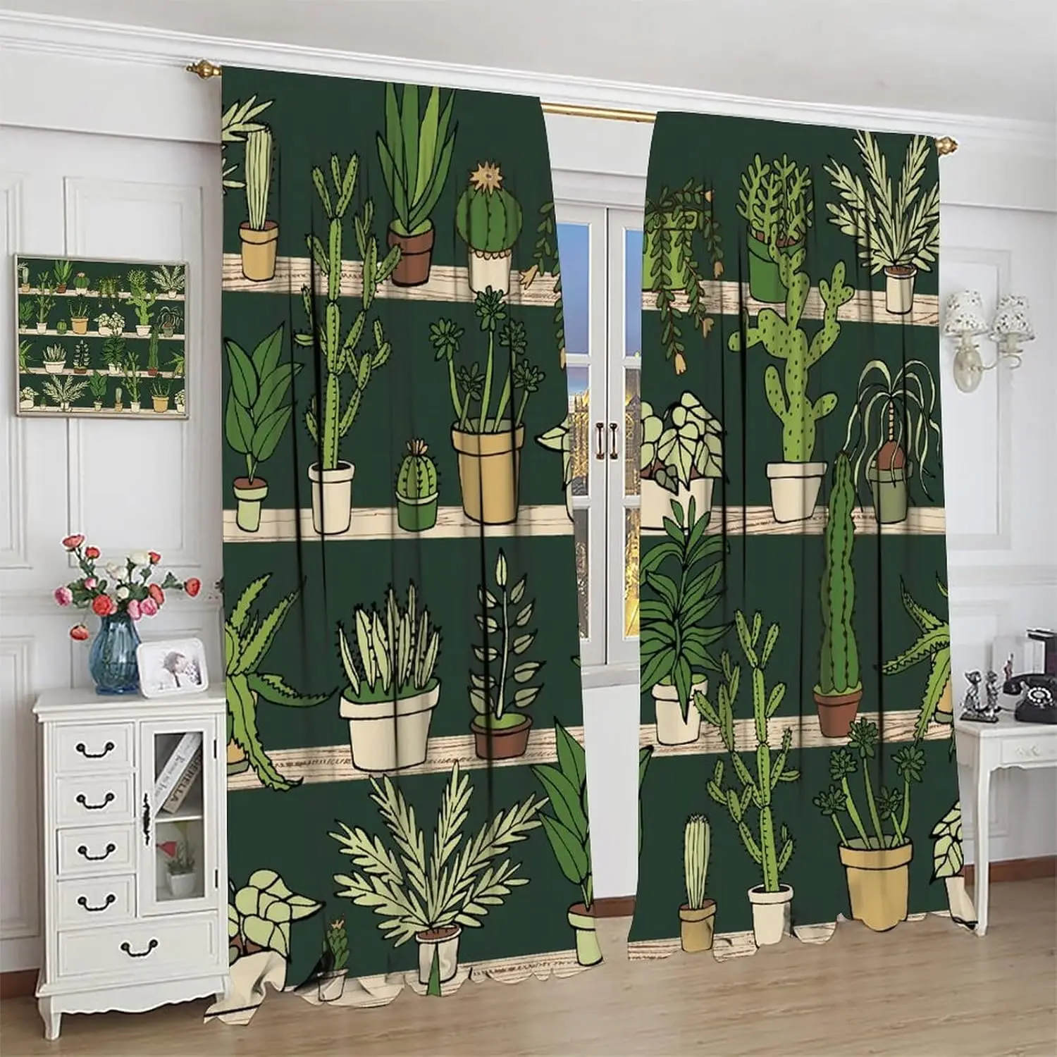 Plants Blackout Curtains Green Leaves Potted Floral Cactus Flower Natural Art Print for Living Room Bedroom Kitchen Decor Rod