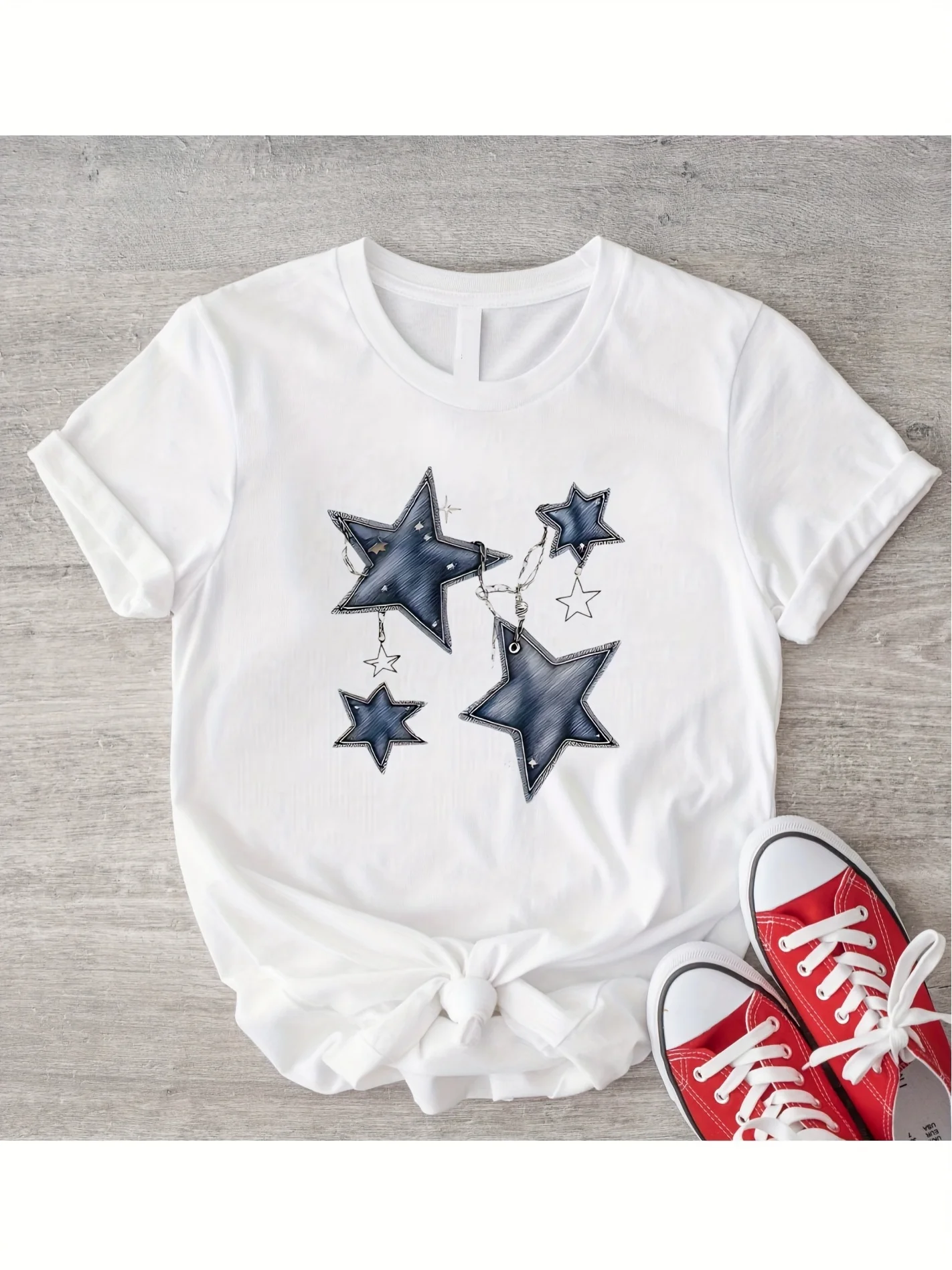 Women's Casual Star Print T-Shirt Fit Short Sleeve White with Blue Star Geometric Design Summer Sleeved Harajuku Streetwear Tops