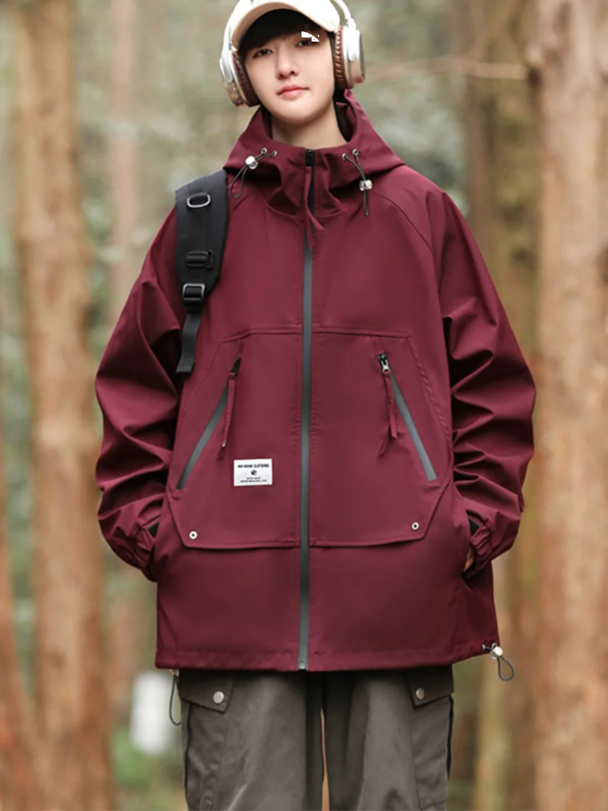 

Loose Fit Men's Jaet Wine Red Versatile Outerwear Casual Large Size Korean Trend Spring Autumn Winter New Sle Polyester N...