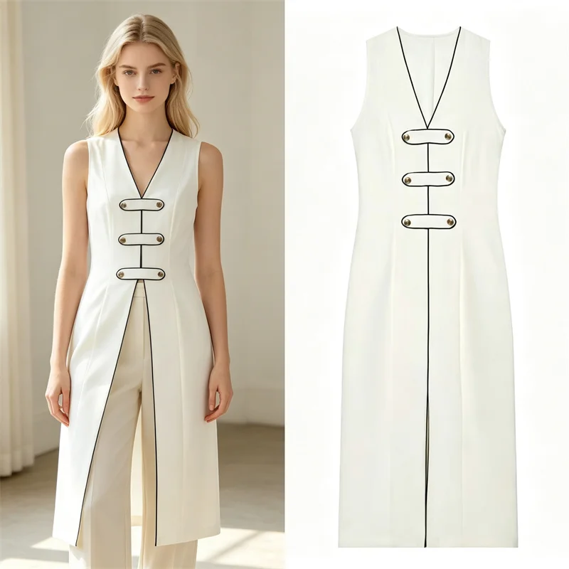 Guobioziy 2026 Ladies Elegant White Sleeveless Midi Dress Office Commuter Slim Long Dress