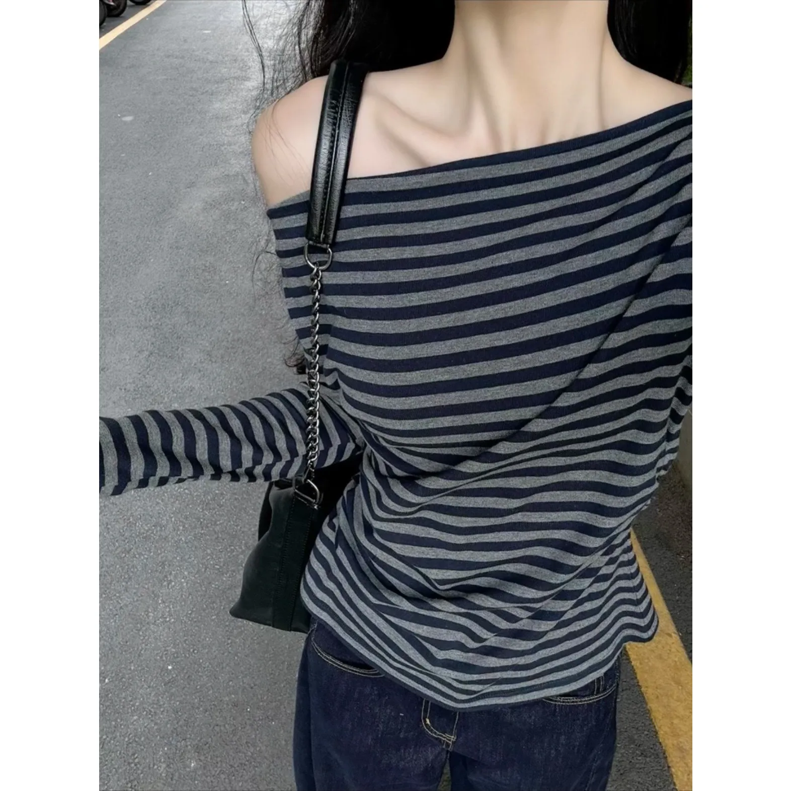 Laid-back Korean Style Early Autumn Long Sleeve Slim Fit Striped T-shirt Women's Loose Shoulder Slanting Top Casual Wear