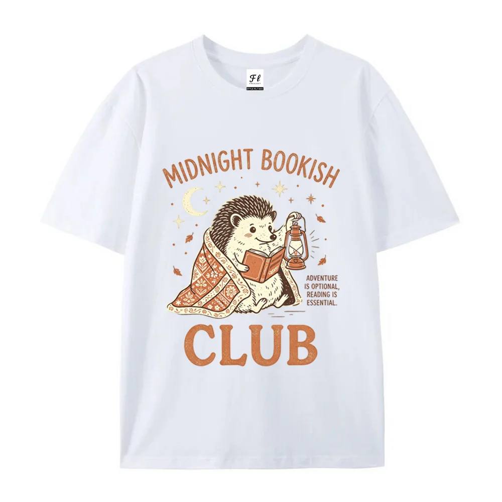 Women Graphic T-Shirt Short Sleeve Tee Cute Hedgehog Bookish Club Print Vintage Casual Loose Oversized Cotton Top