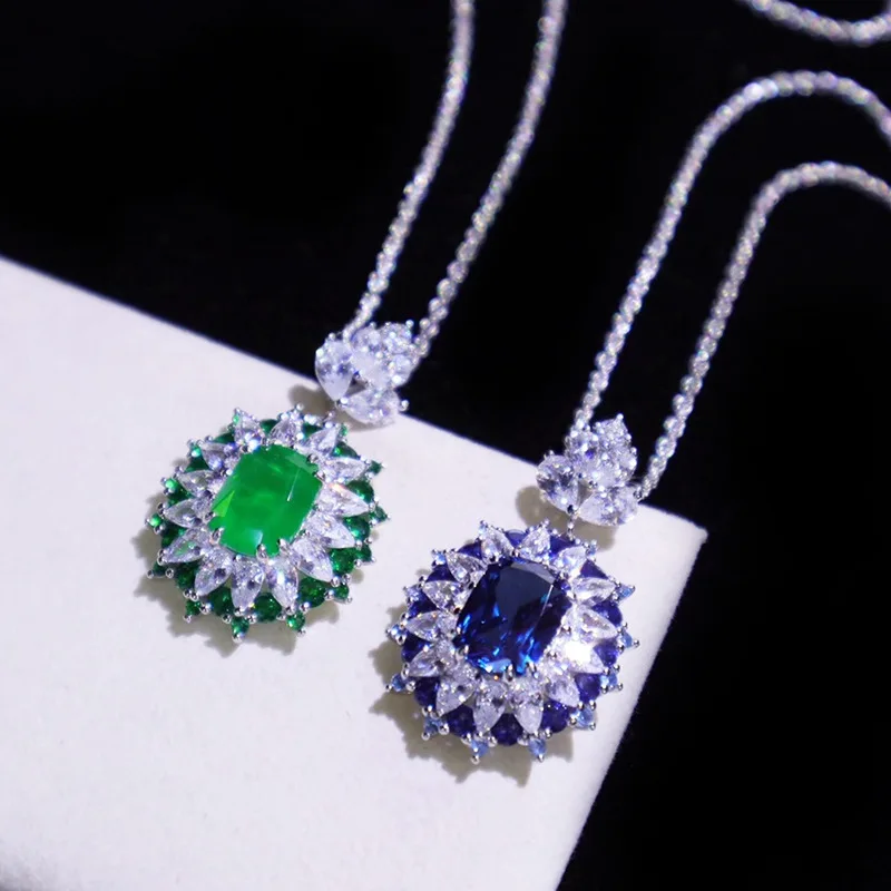 S925 Sterling Silver Jewelry Set Featuring Emerald Inlaid Ring Sapphire Colored Treasure Pendant And Micro set Opening Earrings