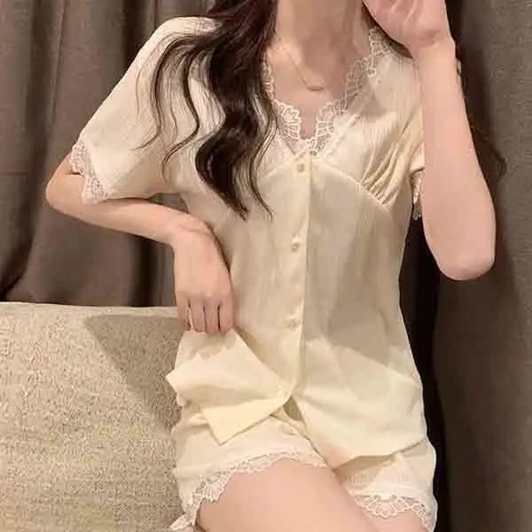 Pajama Sets Women Lace Creativity Basics Popular Leisure All-match Daily Home Breathable Korean Style Ladies Sweet Elegant Retro