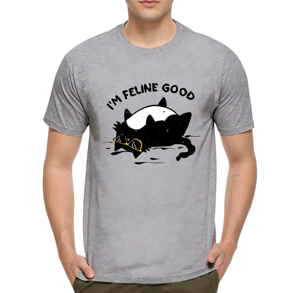Mens 100% Cotton T Shirt Im Feline Good Cool Black Cat With Sunglasses Retro Distressed Print Breathable Short Sleeve Daily Wear