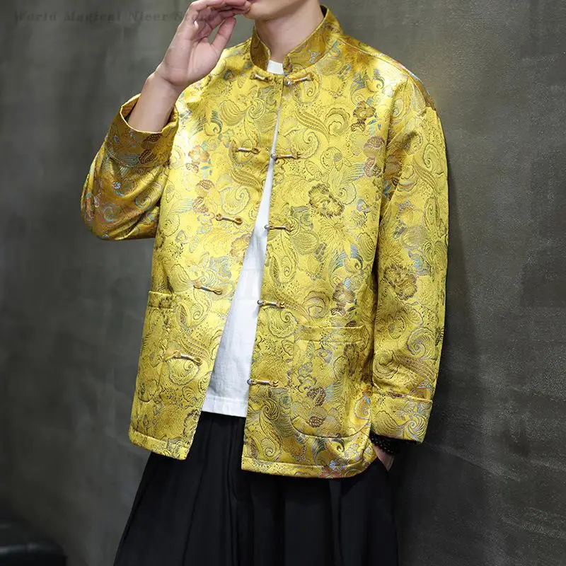 Chinese Style Tang Suit Jacket Men's Plus Size Traditional Mandarin Collar Hanfu Coat Vintage Button Jacquard Jackets Streetwear