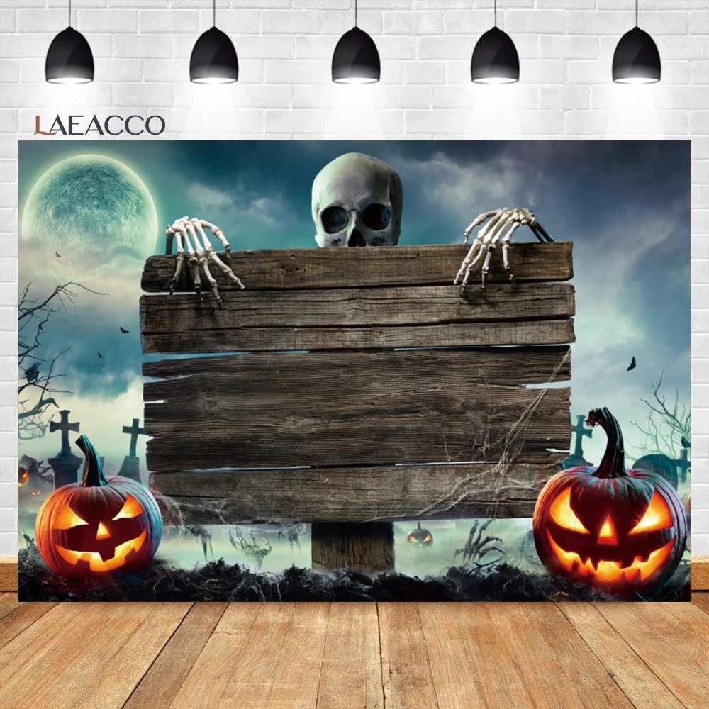 Laeacco Halloween Themed Birthday Backdrop Scary Graveyard Skull Pumpkin Baby Shower Portrait Customized Photography Background