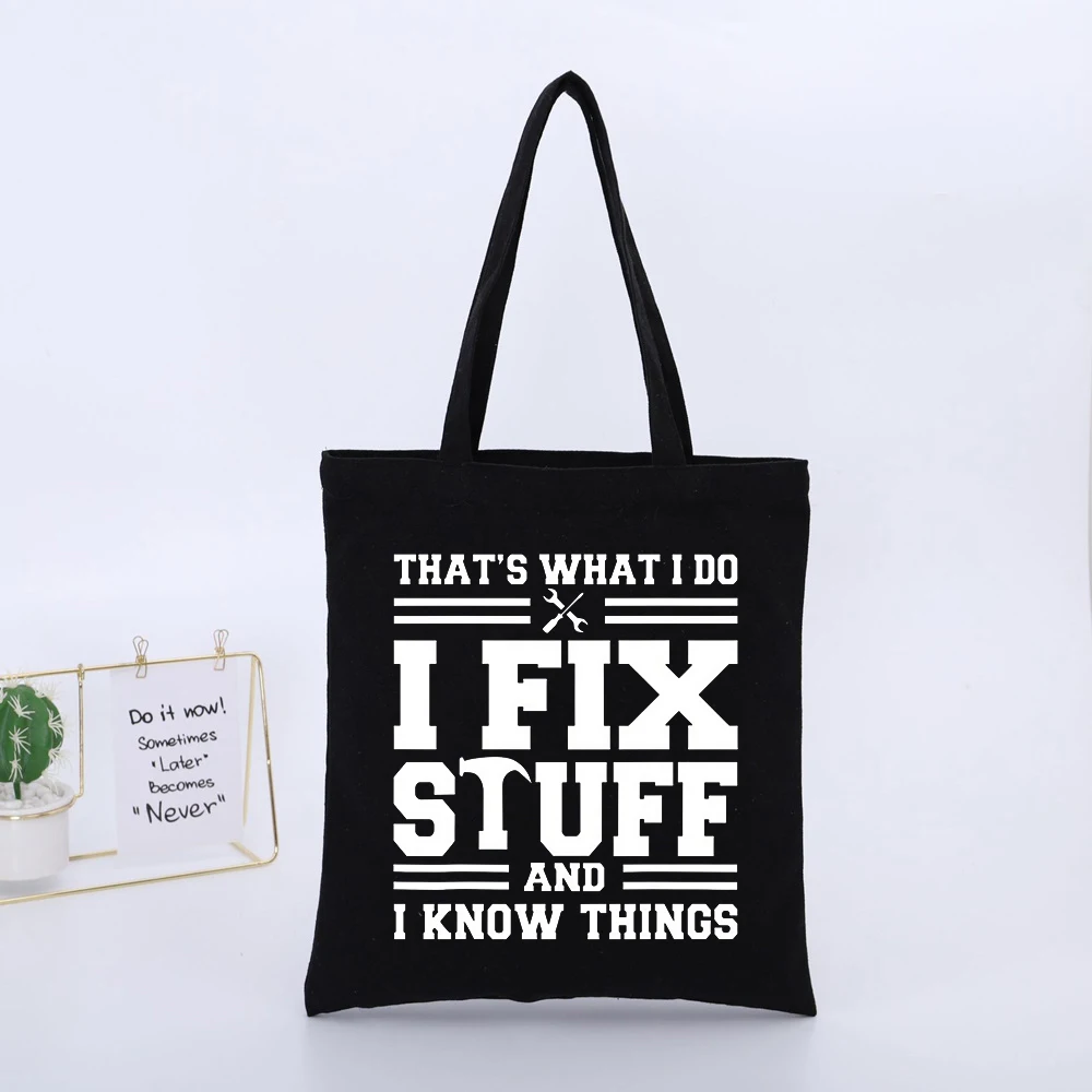 I FIX STUFF Slogan-Style Graphic Black Canvas Tote Bag, Casual Style for Daily Shopping and Casual Use