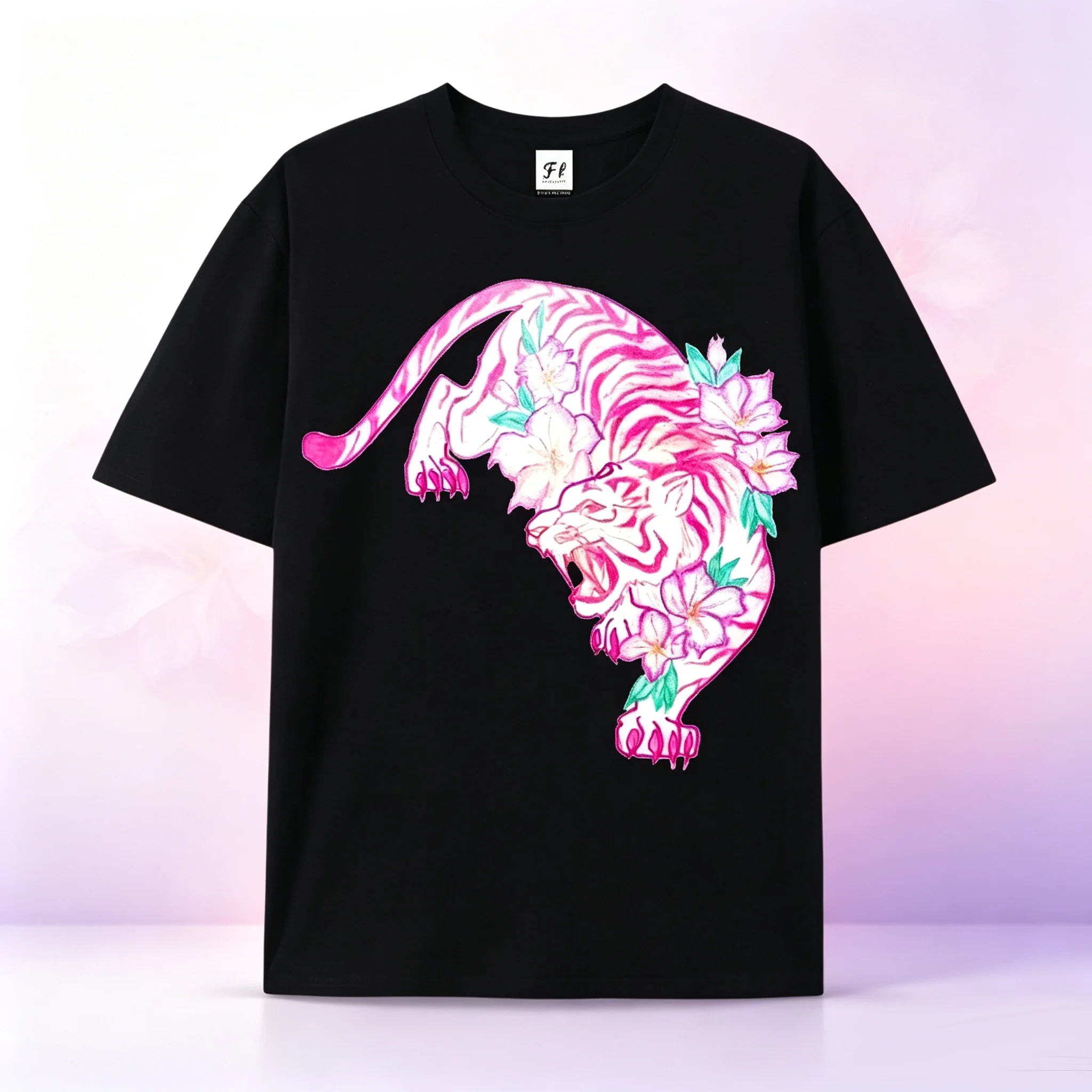 Unisex Pink Purple Tiger Flower Print Short Sleeve T‑Shirt Loose Crew Neck Casual Art Streetwear Graphic Tops