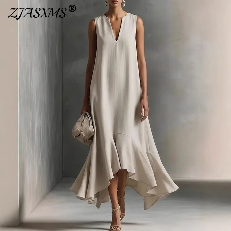 

Весеннее элегантное макси-платье 2026 года для вечеринок, женское сексуальное платье с V-образным вырезом, оборками и асимметричным подолом, летнее свободное платье без рукавов в стиле бохо
