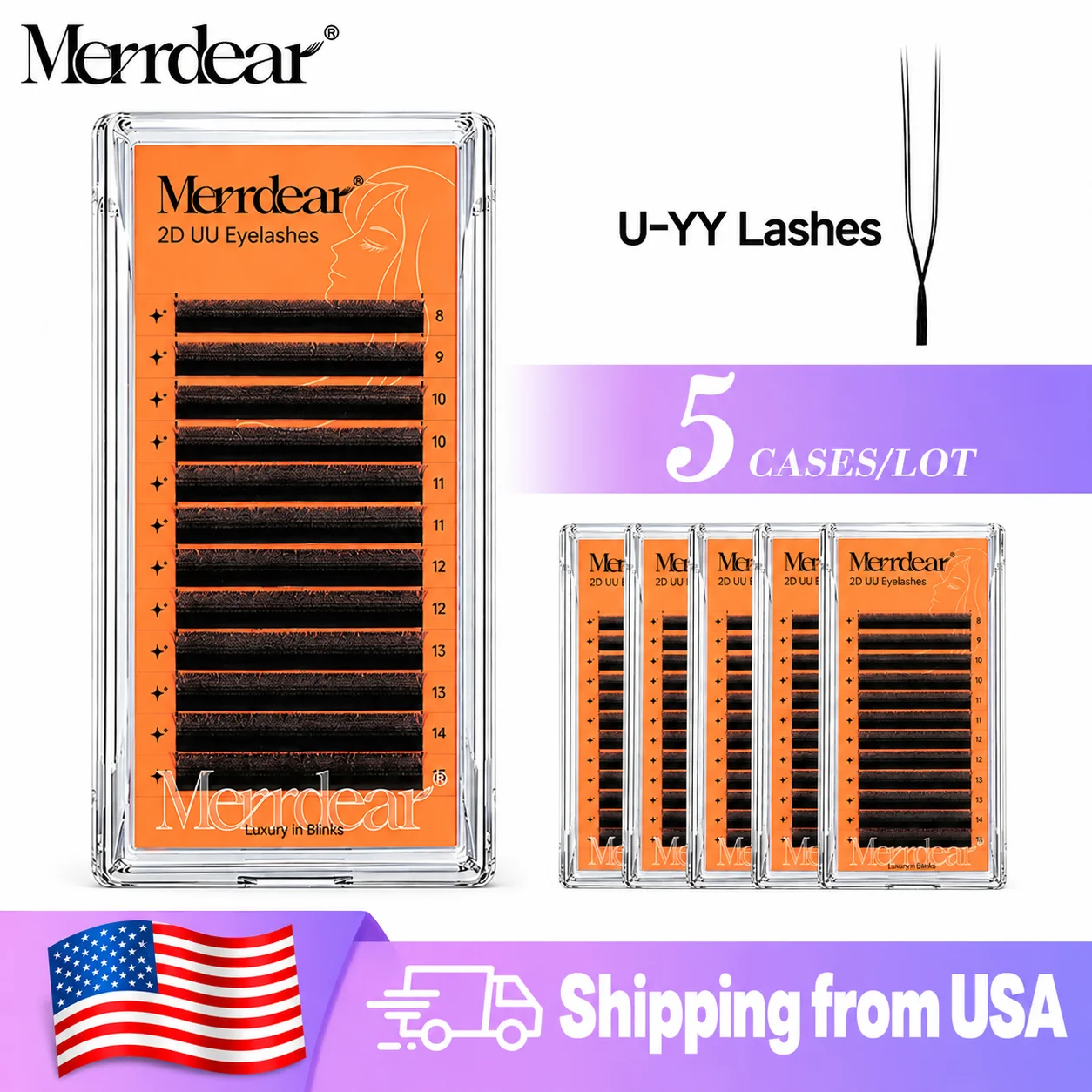 Merrdear Ship From USA 5 Cases/Lot U Shape YY Eyelash Extensions 0.07mm Thickness C/D Curl 8-15mm Length False Eyelashes Matte Black 2D UU Lashes Fast Delivery