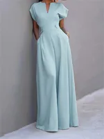 UOOZEE Women's Jumpsuits 2025 V-Neck Cap Sleeves High Waisted Wide Leg Solid Color Loose Elegant Office Commute Formal Overalls