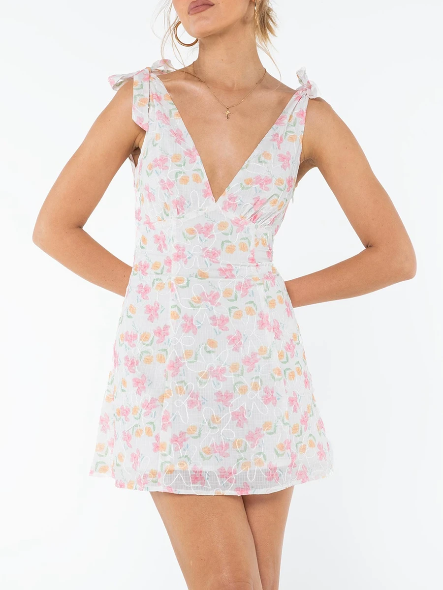 CHQCDarlile-Mini robe à fleurs pour femmes, bretelles spaghetti, fibre bohème, courte, mode d'été, camisole décontractée