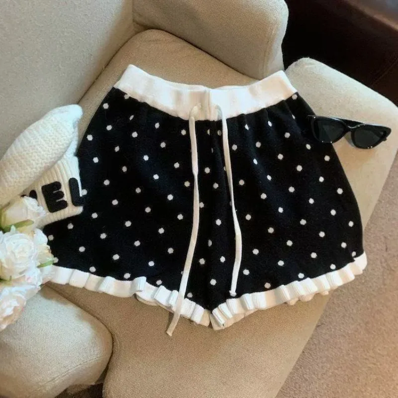 Women Polka Dot Knit Shorts High Waist Ruffle Hem Drawstring Casual Short Pants For Early Autumn