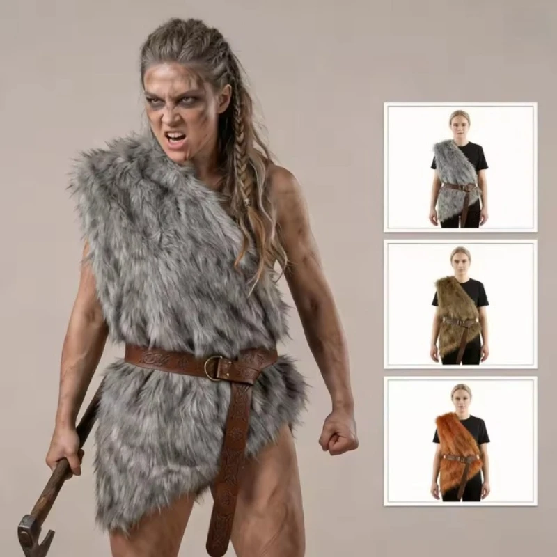 Halloween Cosplay Caveman Barbarian Viking Costume Faux Vest with Belt Outfit Unisex Primitive Wild Man Fancy Dress for Party