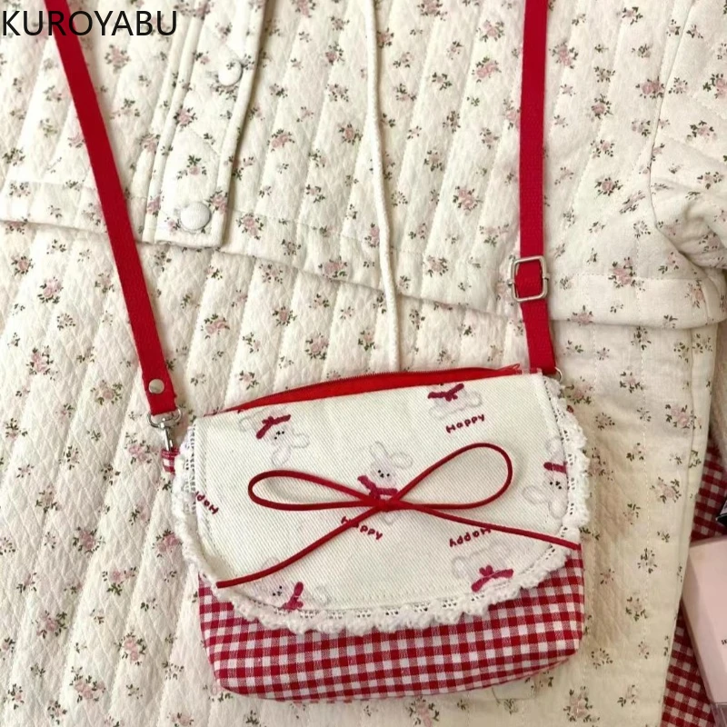 

Anime Print Red Plaid Crossbody Bag for Women Cute Bow Christmas Y2k Bag Korean Style Zipper Sweet Casual Mini Handbag Travel