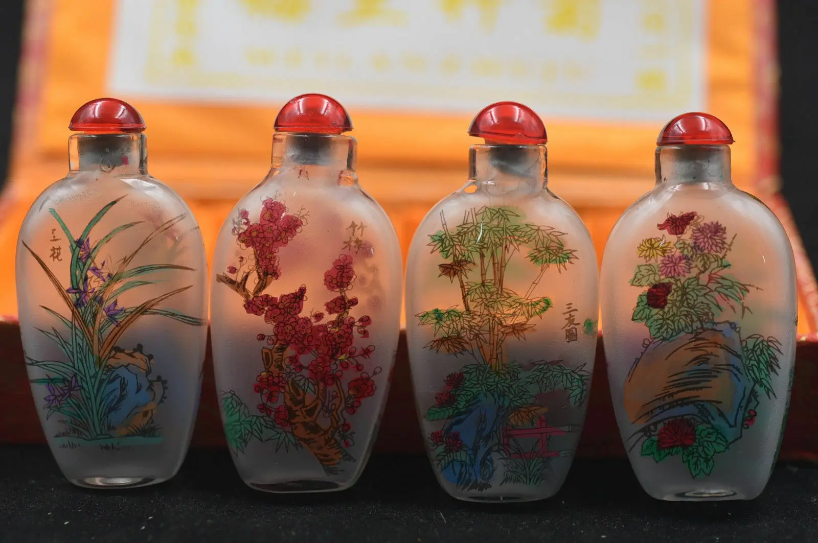 4PC Set Chinese inside Painted Merlin Bamboo & Chrysanthemum Design Snuff Bottle Small Glass Bottles for Collectors