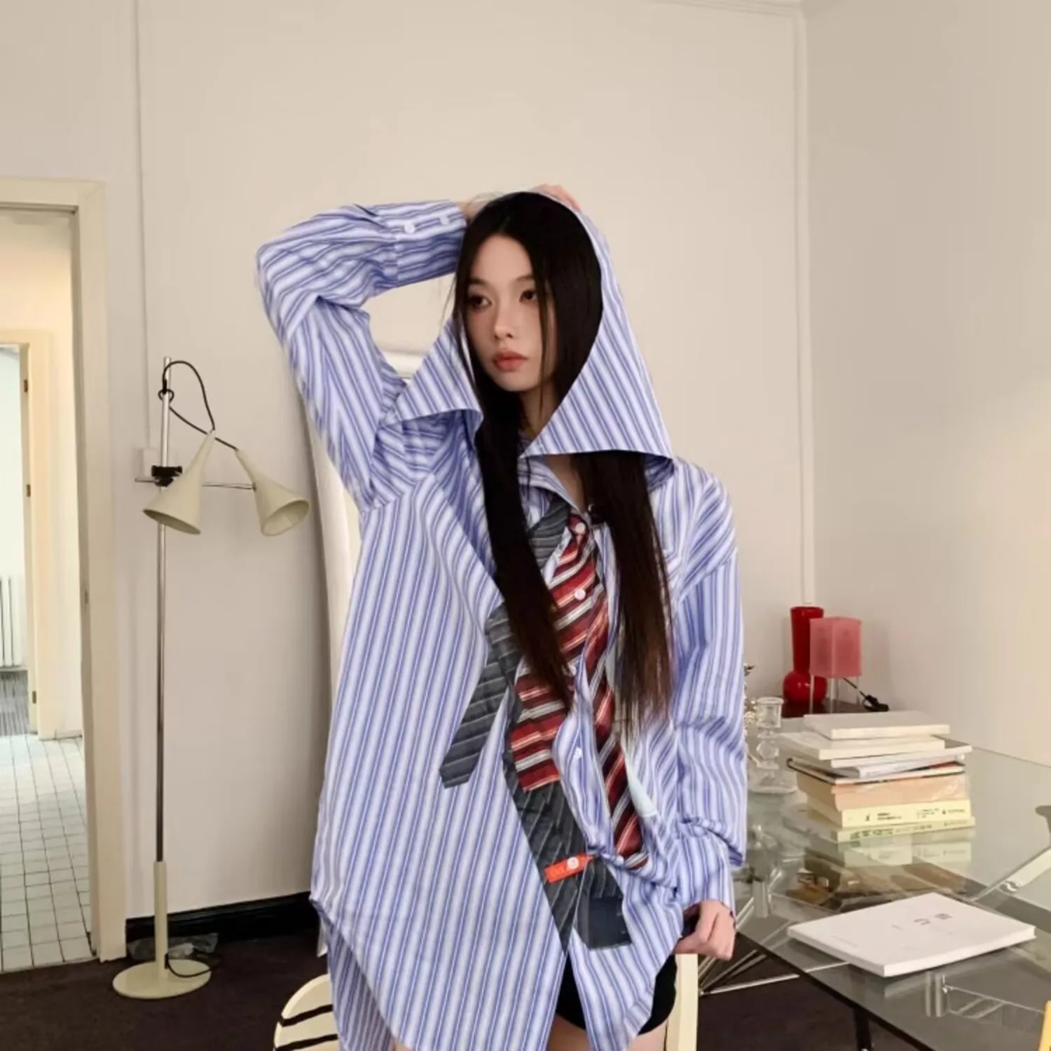 春ブラウス女性ストライプフード付き長袖特大韓国ファッションカジュアルシャツ Y2k ヴィンテージオフィスレディトップス Mujer