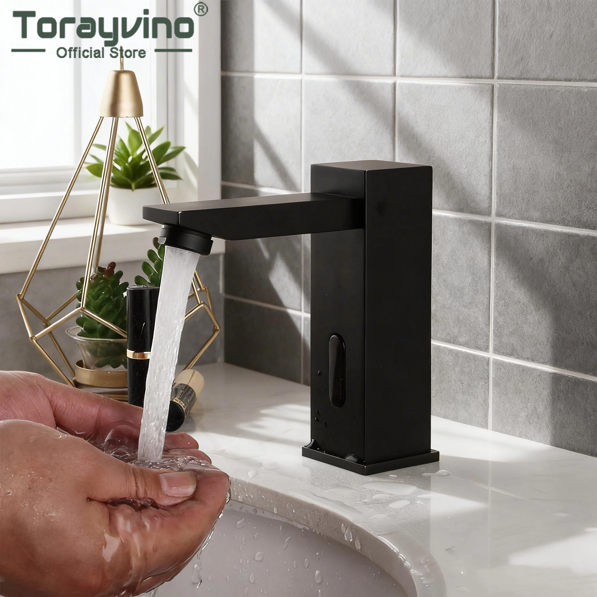 Torayvino Sensor Bathroom Faucet Deck Mounted Tall Body Automatic Hand Control Tap Basin Sink Faucets Hot Cold Water Washbasin