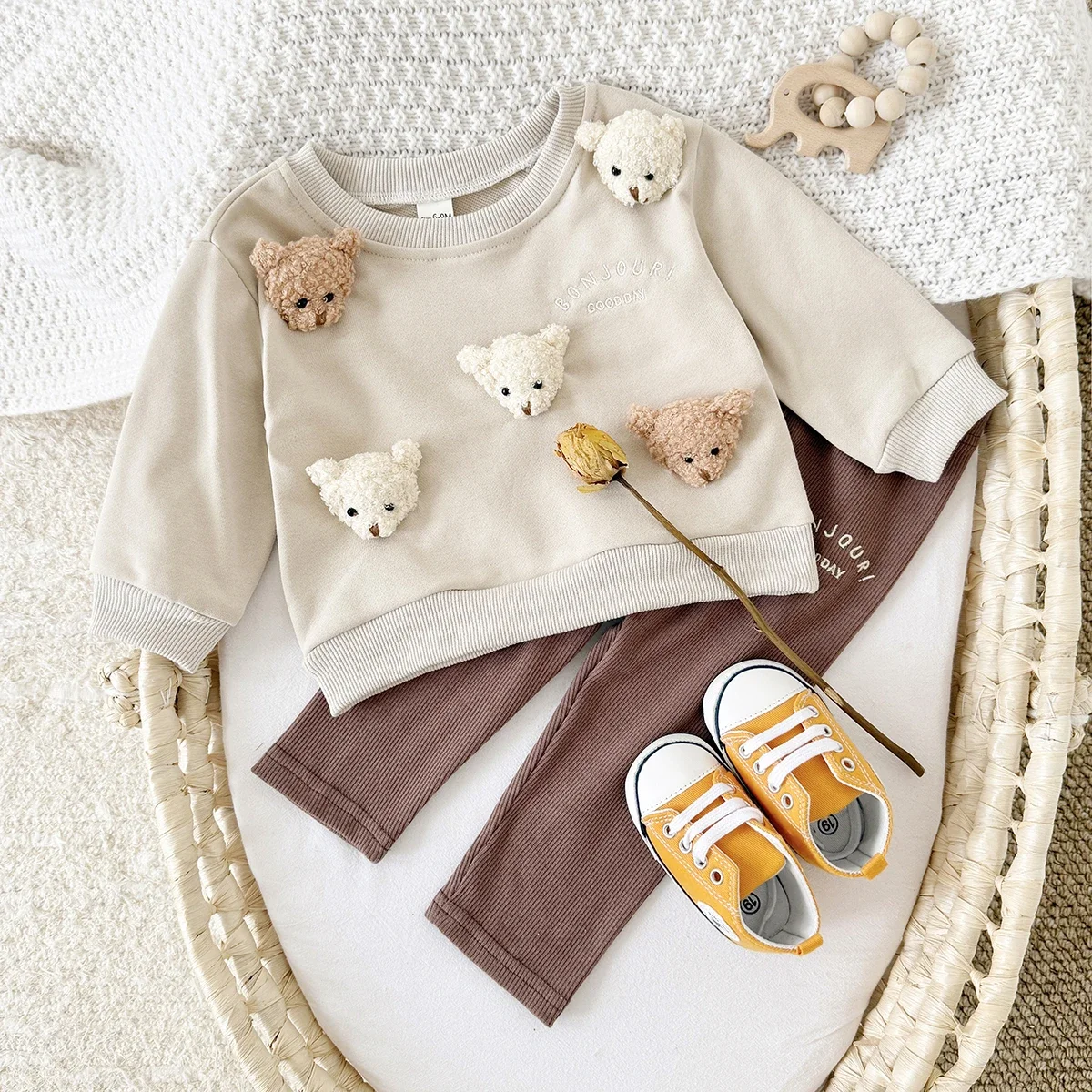 Baby 3D Plush Bear Sweatshirt Set Toddler Spring Autumn Long Sleeve Crew Neck Top Stretch Waffle Pants 2Pcs Cute Casual Outfit