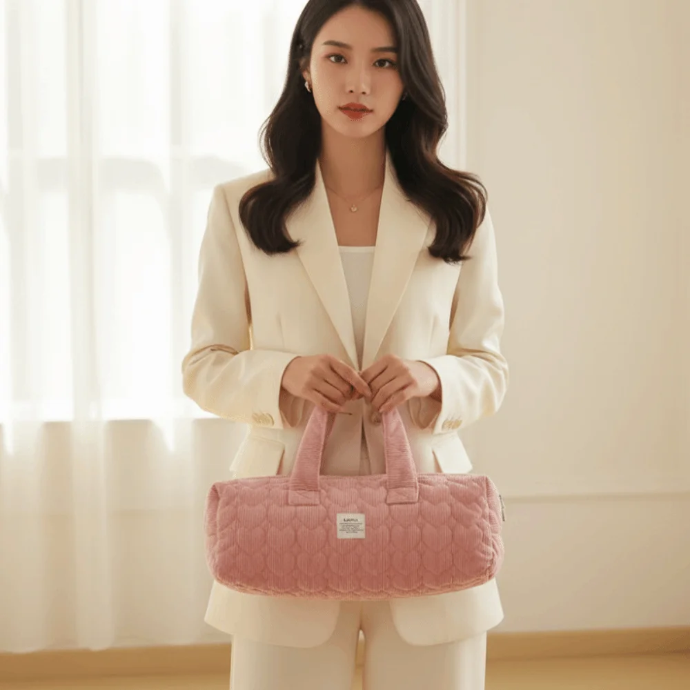Padded Heart Quilted Handbag Pastel Spacious Corduroy Barrel Pouch Zippered Minimalist Pastel Makeup Organizer Flight