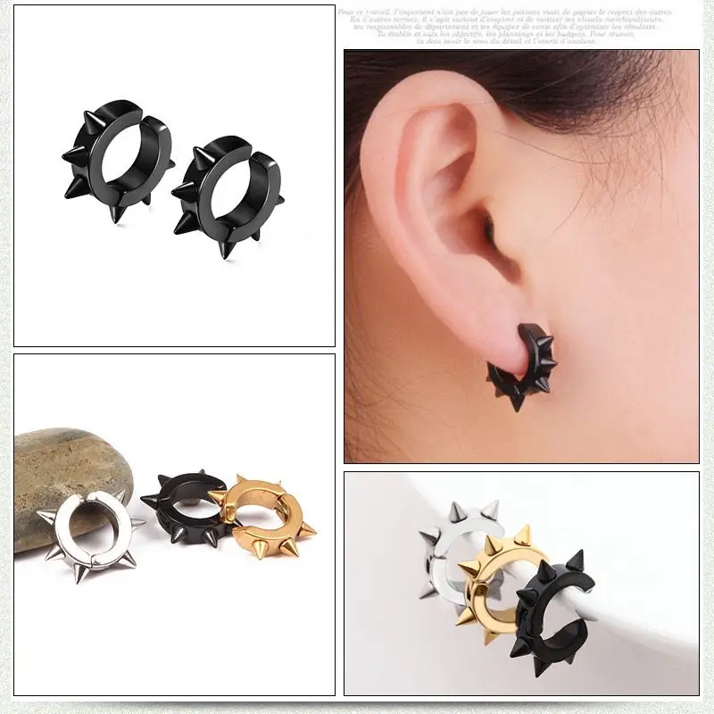 Wholesale Jewelry -- 316L Titanium steel 6 Thorn Clip Earrings (1pc) For Men Women Jewelry Black / Gold / White