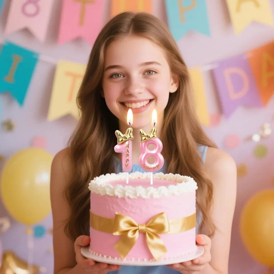 Birthday Number Candles Pink and Golden Bowknot Birthday Candles for Cake Glitter Number 1 Candle Cake Topper Decoration for Bo