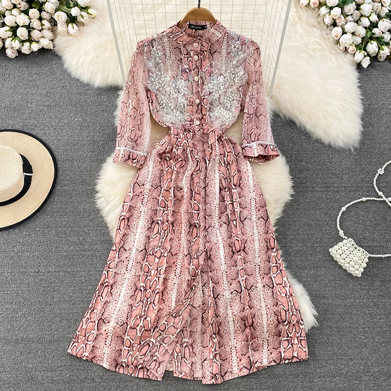 

2023 Spring Summer Snakeskin Pattern Print Dress Women Half Sleeve Sequined Flower Embroidery Elastic Waist Chiffon Vestidos