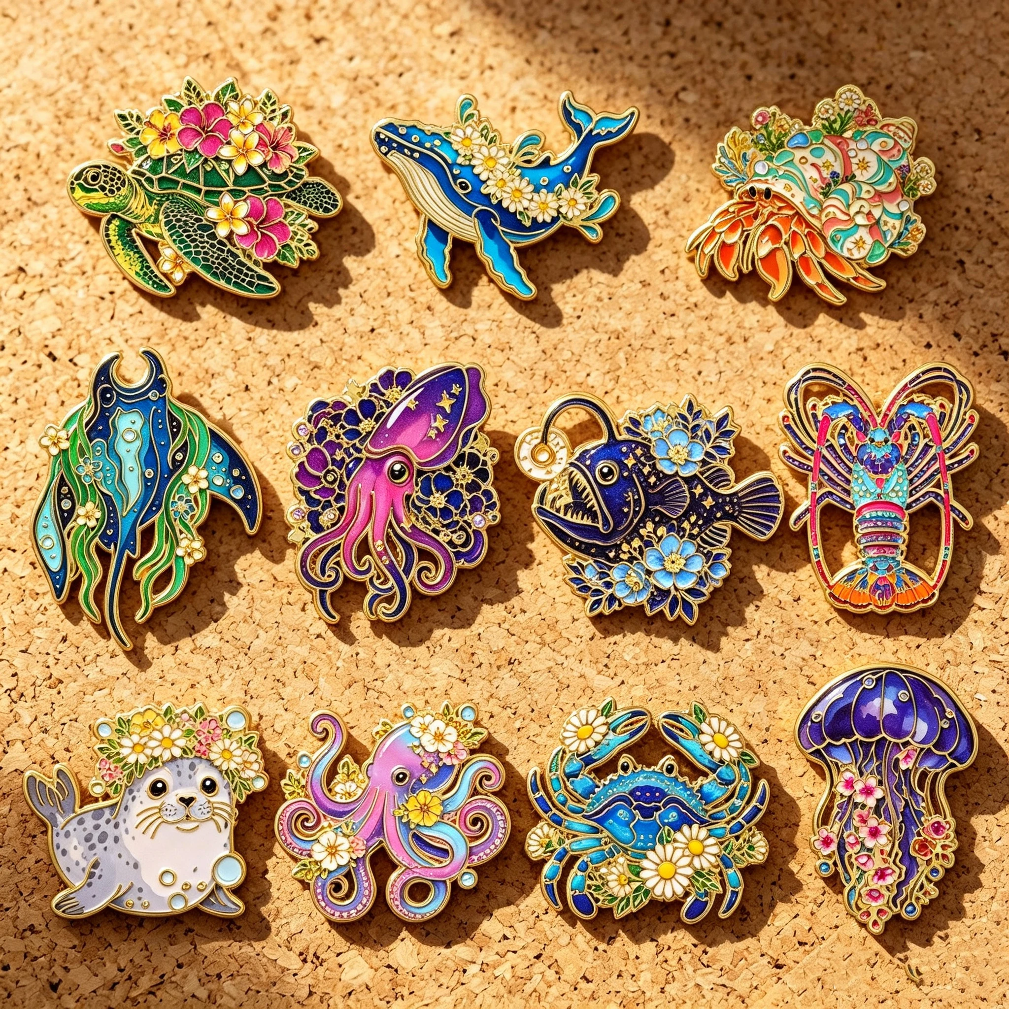 11pcs/Set Beautiful Floral Sea Animal Enamel Pin Cute Whale Octopus Turtle Brooch Backpack Lapel Badge Jewelry Accessories Gifts