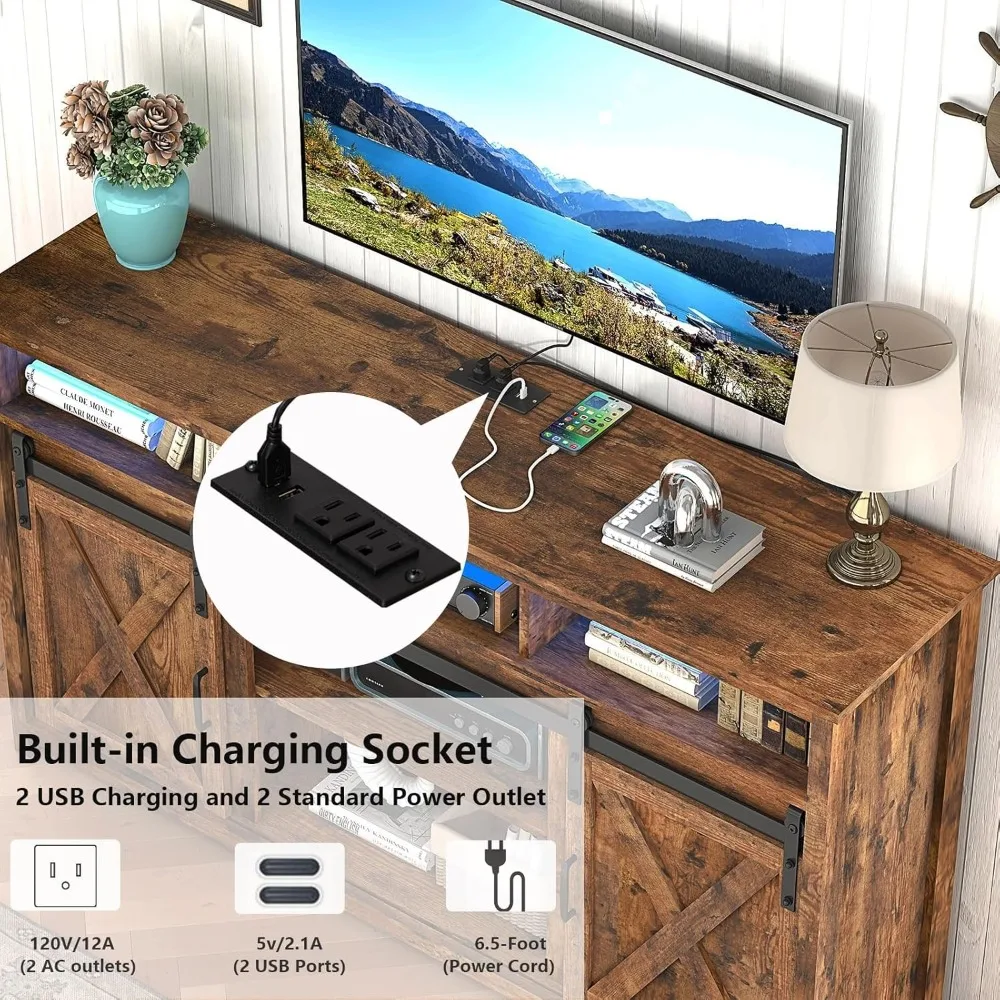 حامل تلفزيون مزرعة خشبي مقاس 57 بوصة من Vinctik لأجهزة تلفزيون مقاس 60/65 بوصة - طاولة وحدة تحكم مركزية للتخزين بطبقة مزدوجة