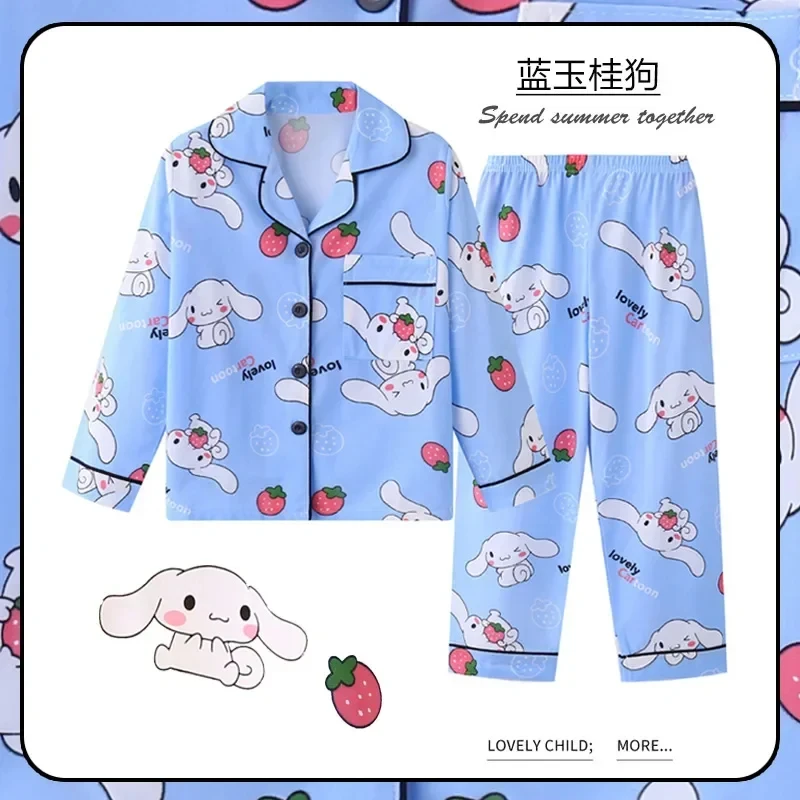 Kawaii Sanrio My Melody Kuromi Cinnamoroll Kids Long Sleeve Y2k Pajamas Cartoon Anime Thin Cardigan Cotton Casual Sleepwear Set