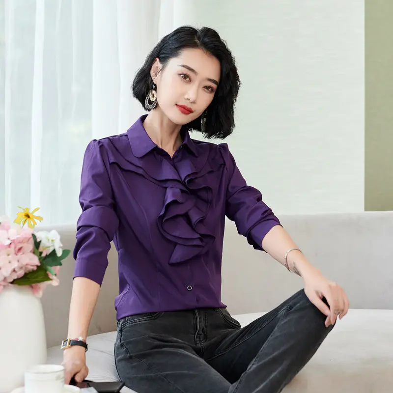 Nicemix Spring and Autumn New Purple Women's Shirt Long Sleeves Slimming Ruffled Edge Professional
