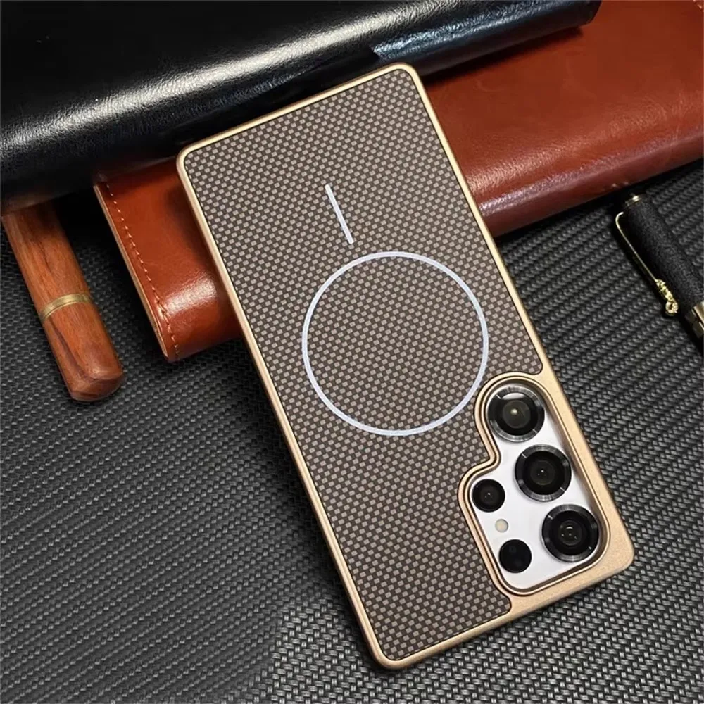 

Luxury Carbon Fiber Pattern Magnetic Shockproof Case For Samsung Galaxy S25 Ultra S24 FE S23 Plus Wireless Charge Soft Cover