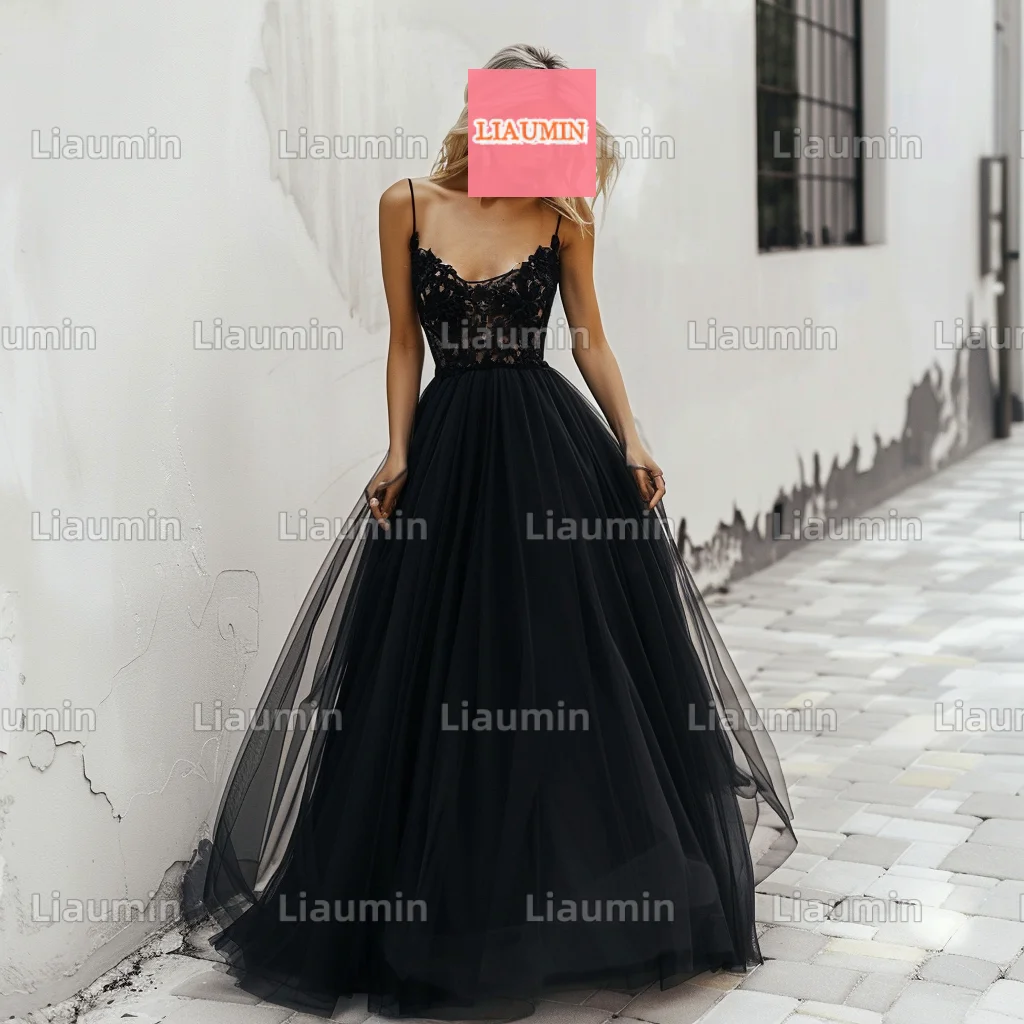 Custom Made Black Tulle With Lace Applique Spaghetti Strap Lace Up Back Evening Prom Dresses Full Length Formal Skirt W17-1.17