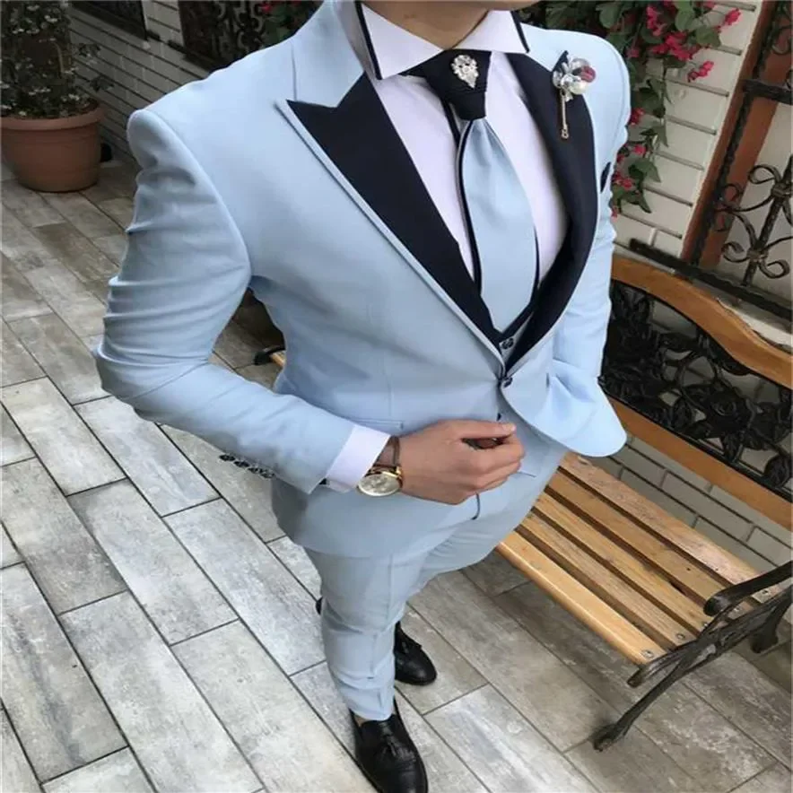 High Quality Groomsmen Peak Lapel Groom Tuxedos Baby Blue Men Suits Wedding Prom Man Blazer Jacket Pants Vest Tie S-6XL