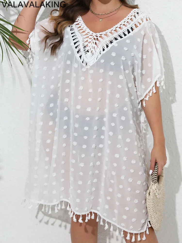 2025 Women Mesh Plus Size Cove Up Short Sleeve Large Big Tunic Lady Chubby Beach Dress Solid Brazilian Curvy Swimsuit Cover-Ups