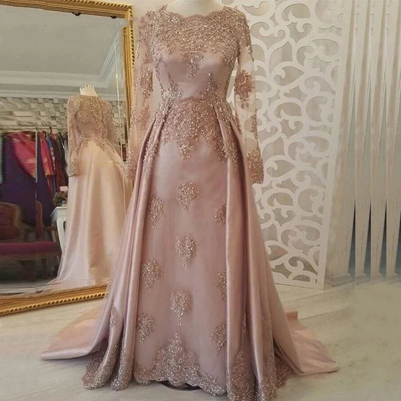 Luxury Lace Beading Evening Dress Satin Long Sleeves Prom Dresses Party Gowns