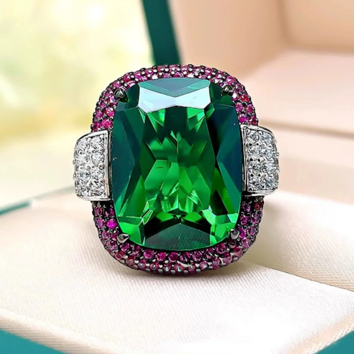 Vintage Silver Color 12*16MM Ruby Emerald Rings for Women Wedding Bands Gemstone Cocktail Party Jewelry Female Anniversary Gifts