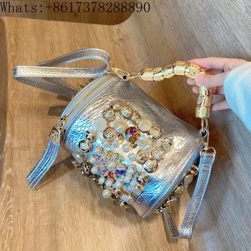 

Handbag for women purses and handbag Handmade luxury Designer Casual silver bucket Female Messenger shoulder Bag Women's bag