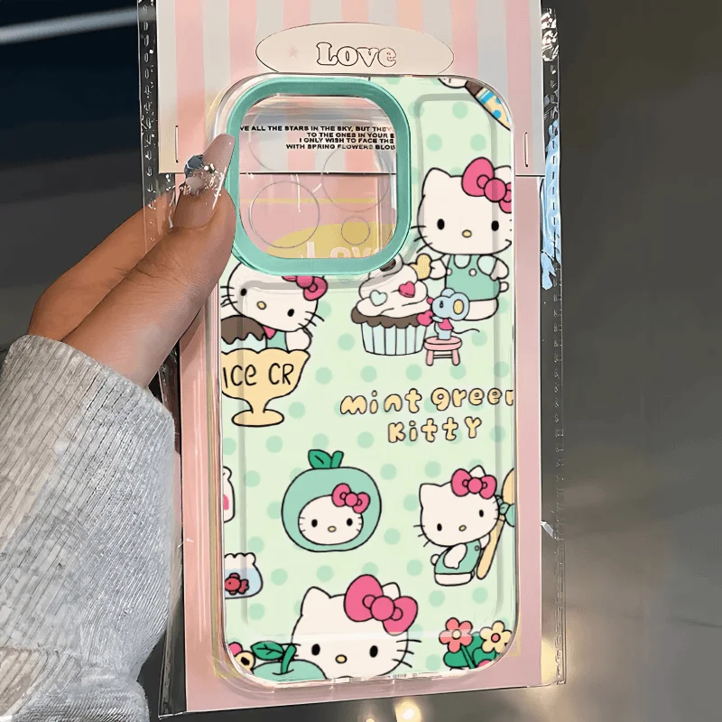 Green Wave Dot Cake HelloKitty Cute Phone Case For iPhone 16 15 14 13 12 11 ProMax XR 7 8 Plus Soft Anti Drop Silicone Cover Y2k