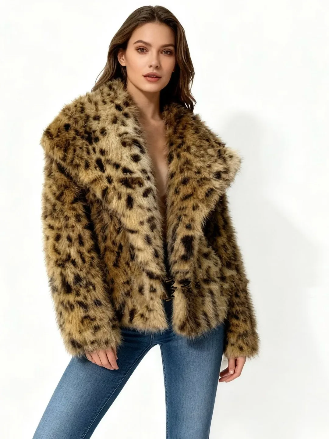 

ort Plu Women's Jaet Korean Sle Winter New Retro Leopard Print Eco-friendly Fur Collar Coat Large Turn-down Collar