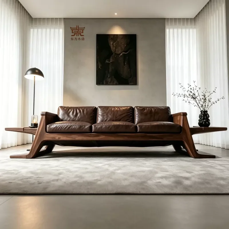 New Chinese Black Walnut Solid Wood Sofa Straight Row 2026 Creative Italian Song Style Aesthetic Leather Option