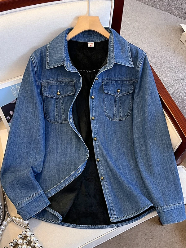 

Thiened Long Sve Denim irt Women's Sle Retro Fce Lined Overlap Wear Winter Season High Waist Loose Fit Korean Ver...