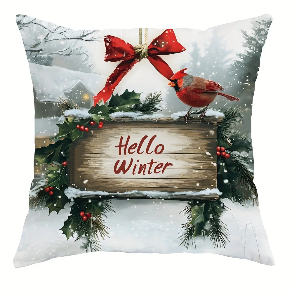 Home Decor Cardinals & Winter Greetings Pillow Covers Pattern Cushion Cover Suitable For Sofa Bedroom Car Pillow Cover