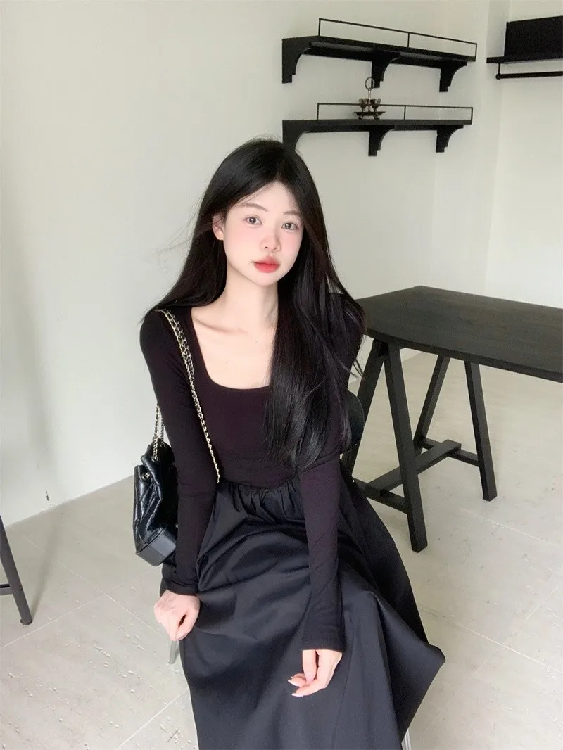 긴 소매 여성용 드레스 가을 봄 실크 시스루 투명 비대칭 크롭 웨이스트 타이트